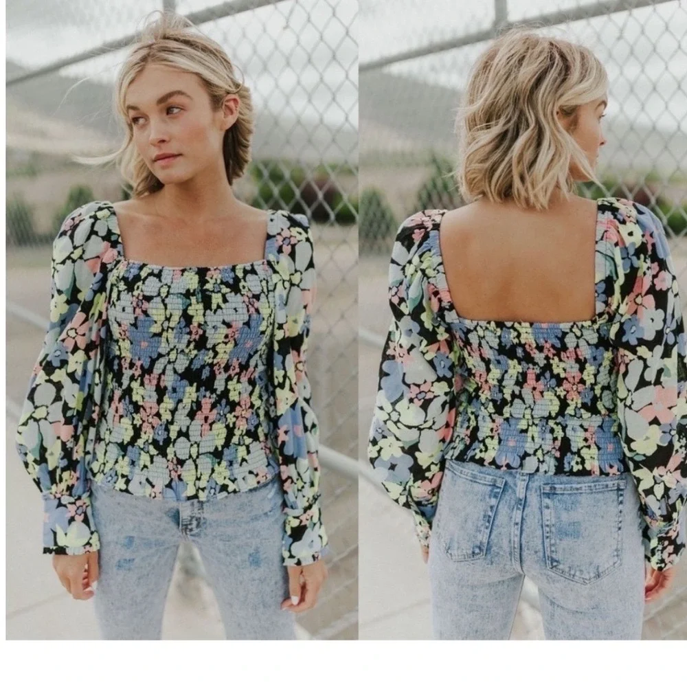 Free People Smocked Floral Puff Sleeve Top Black Motif Ariana Womens XS NEW